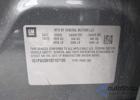 2013 Chevrolet Cruze Ls Auto z USA, uszkodzony, nr VIN 1G1PA5SH1D7167100